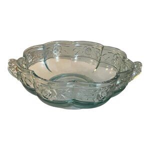 Vtg  Jeannette Aztec Blue Glass Rose Handled Candy Dish Scalloped Pedestal 6.5"